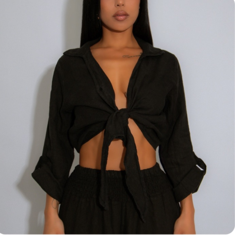 Black Tie-Front Women's Top